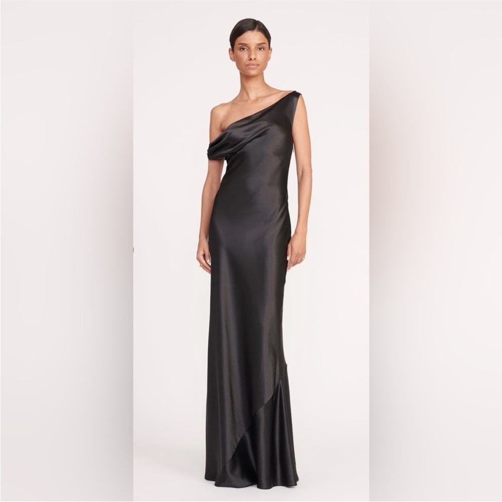 STAUD Black One-Shoulder Satin Evening Gown